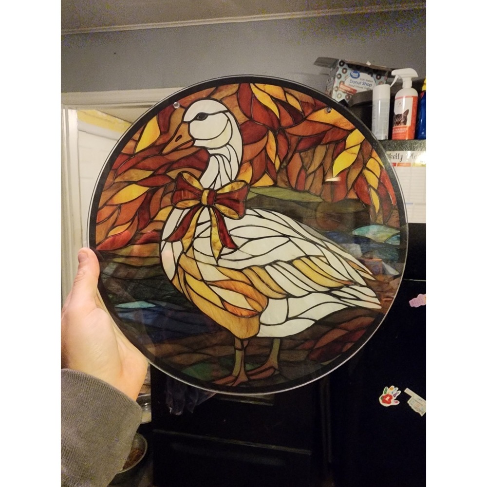 Vintage Country Goose With Bow Tie Faux Stained Glass Window Hanging Suncatcher